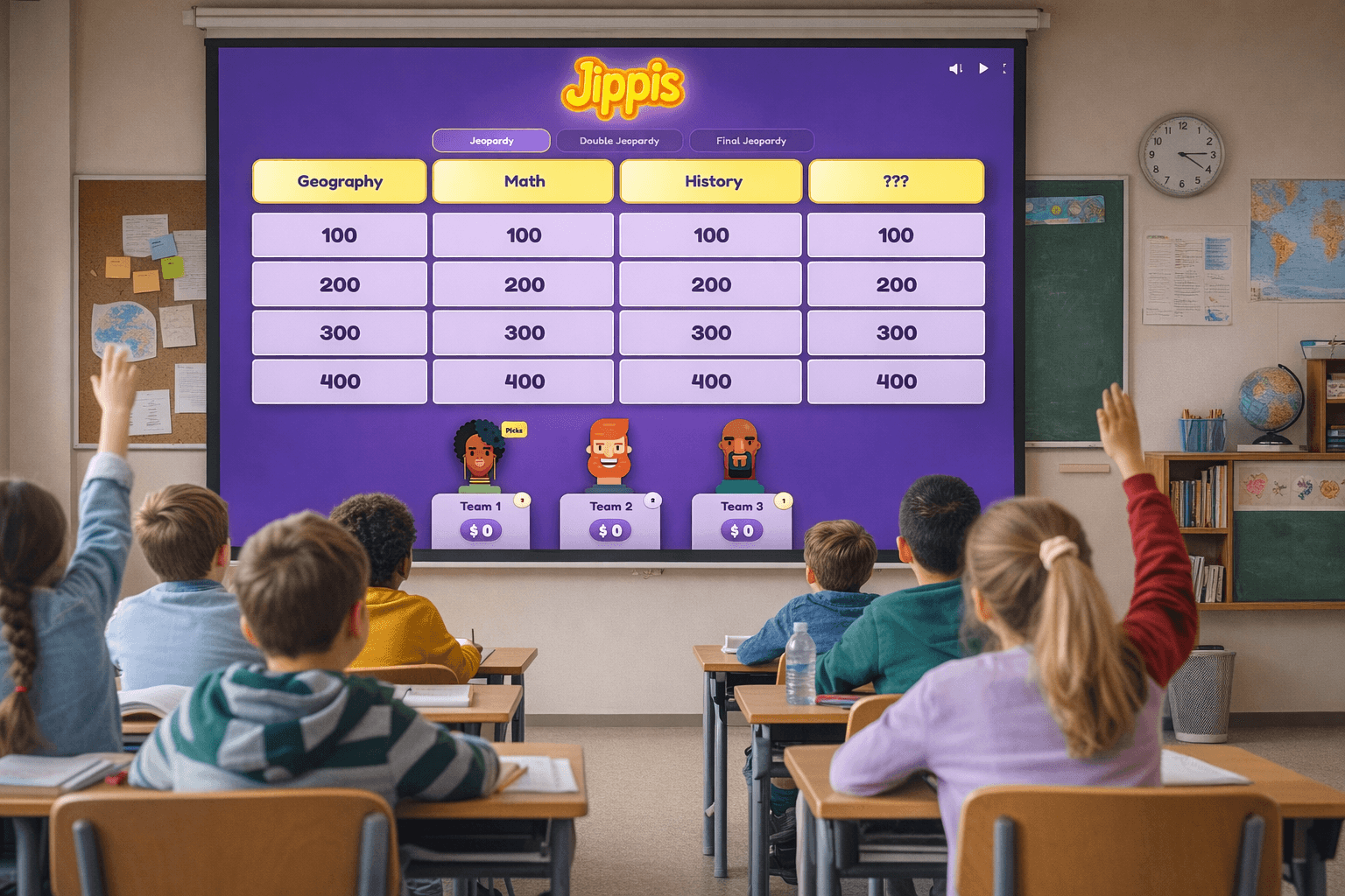 A classroom playing Jeopardy on a big screen with hands raised