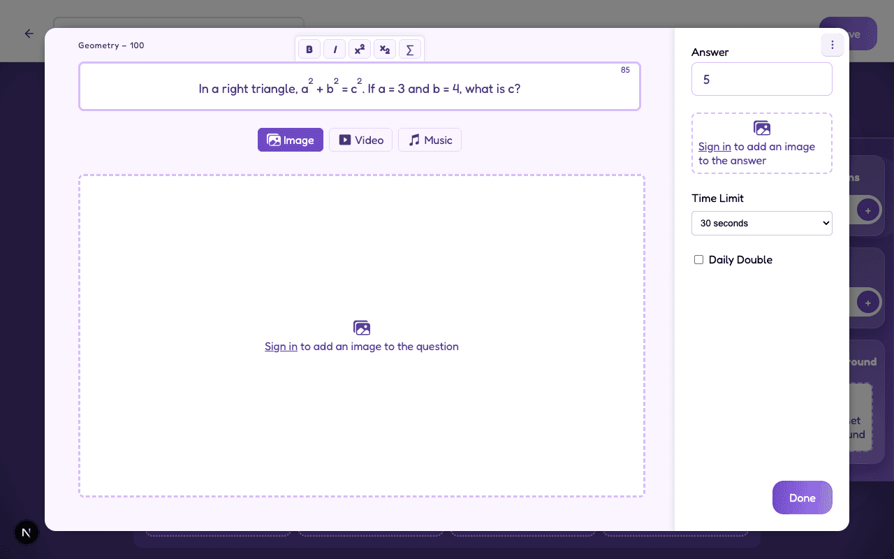 Superscript formatting in the Jippis creator Writing a Jeopardy question with the Pythagorean theorem using real superscripts in the Jippis creator