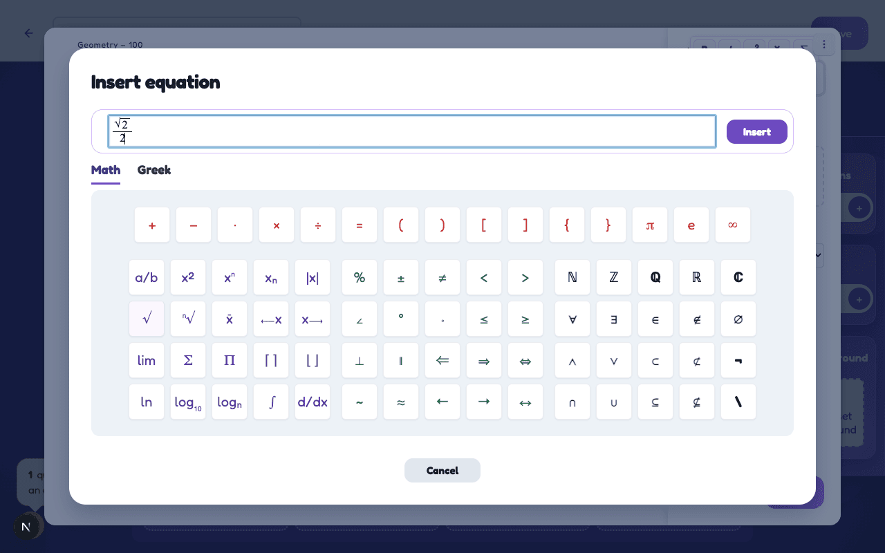 Jippis formula editor with symbol palette The equation editor in Jippis, showing a fraction and square root formula being built with the symbol palette