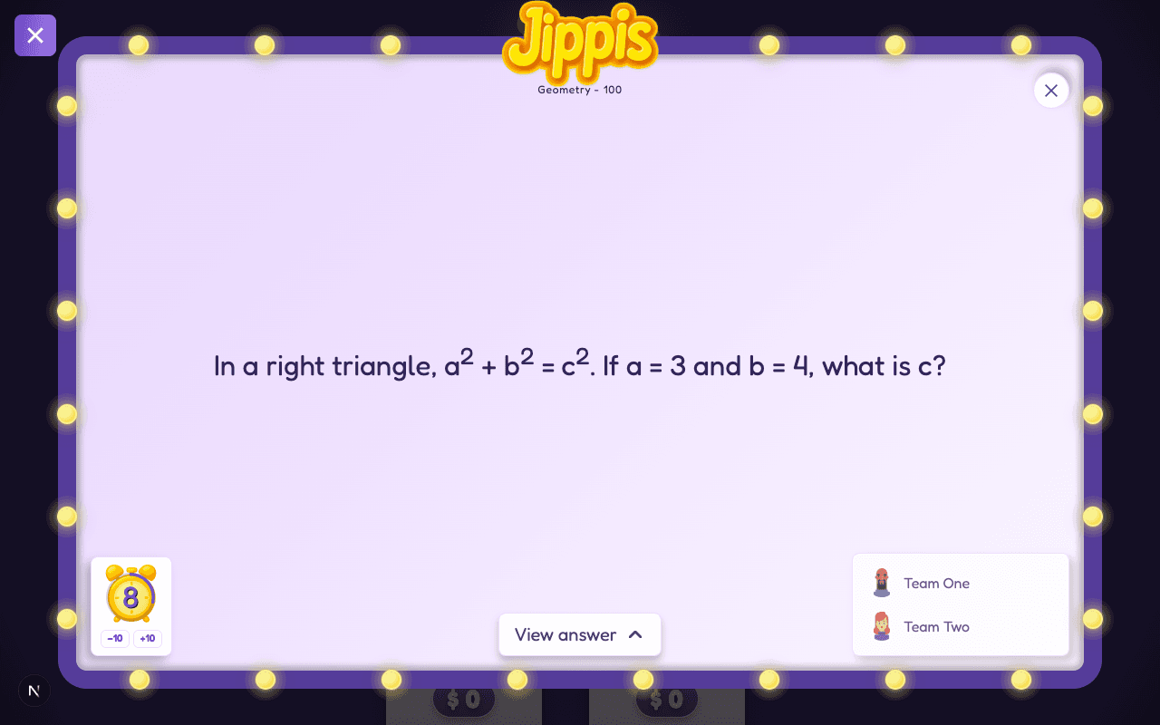 Math Jeopardy question on the live game board A live Jeopardy game board showing a math question with the Pythagorean theorem rendered with real superscripts