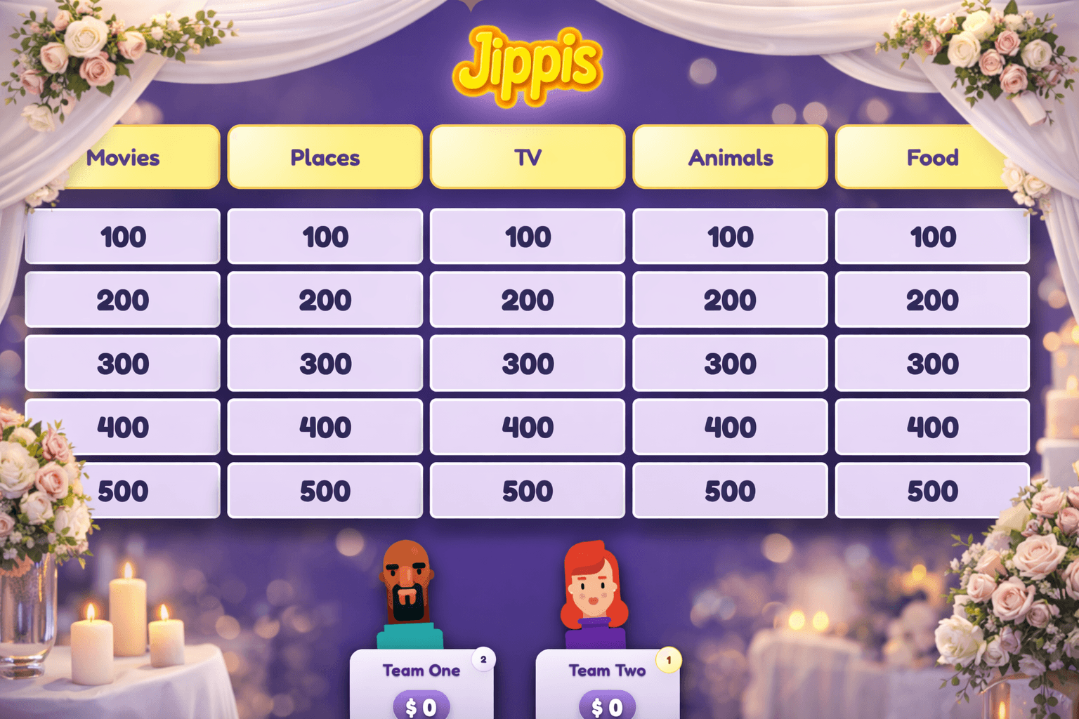 Wedding Jeopardy example in Jippis Wedding Jeopardy game board example
